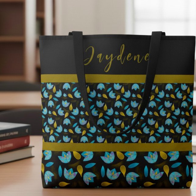 Bolsa Tote Azul Preto Dourado Moderno Floral (Modern cute tulip flower school or work bag. Personalize it and make it yours.)