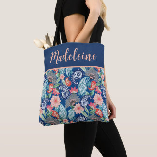 Bolsa Tote Azul Real Turquesa Laranja Floral Vintage Paisley