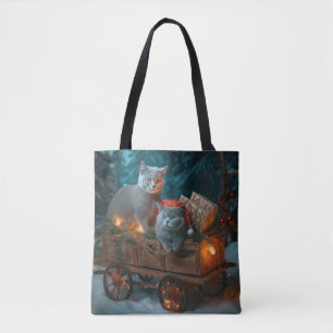 Bolsa Tote Azul Russo Gato Snowy Sleigh Decência de Natal