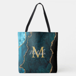 Bolsa Tote Azul Teal e Agato Marble Dourado