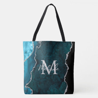Bolsa Tote Azul Teal e Agato Marmoso Prateado