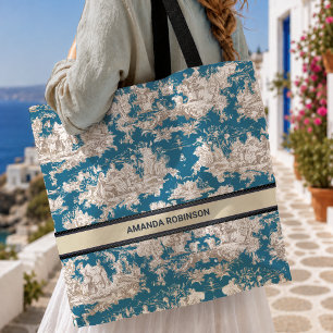 Bolsa Tote Azul turquesa vintage monograma toile de jouy