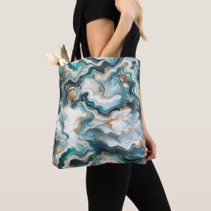 Bolsa Tote Azul Verde Dourado Mármore Branco Moderno Ágata