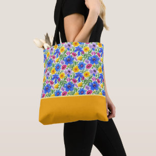 Bolsa Tote Azul Vibrante Amarelo Vermelho Flores Roxas Bloco 