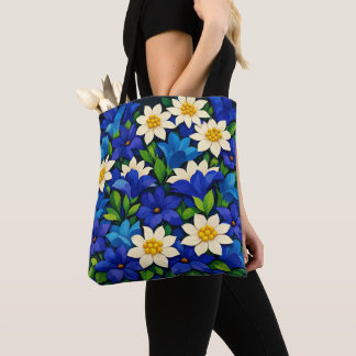 Bolsa Tote Azul Vibrante & Floral Branco 