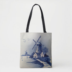 Bolsa Tote Azul Vintage Delft Moinho de Vento Branco