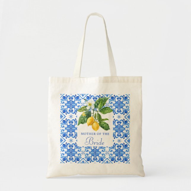Bolsa Tote Azulejo azul mediterrânico limões noiva (Frente)
