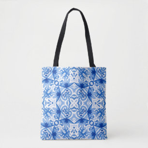 Bolsa Tote Azulejo branco azul, padrão uniforme de aquarela.