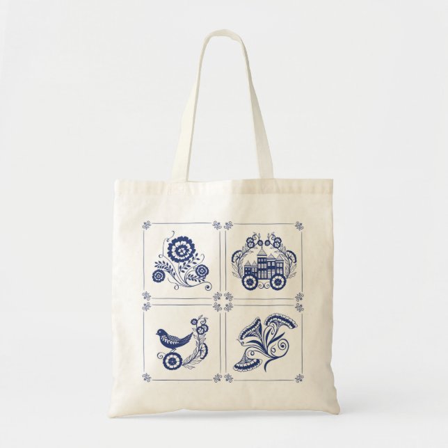 Bolsa Tote Azulejo Clássico Holandês Azul Delft com Desenho F (Frente)