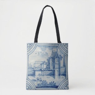 Bolsa Tote Azulejo de Delft que mostra um drawbridge sobre um