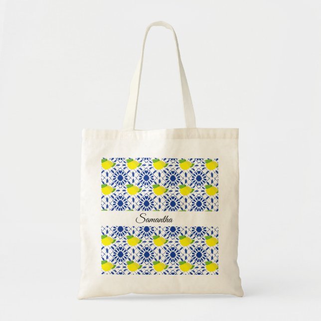 Bolsa Tote Azulejo de Limão Geométrico Azul (Frente)