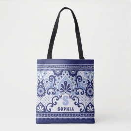 Bolsa Tote Azulejo de Talavera Mexicano Branco e Azul