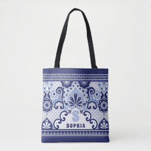 Bolsa Tote Azulejo de Talavera Mexicano Branco e Azul
