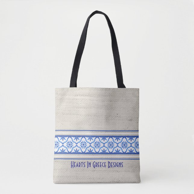 Bolsa Tote Azulejo do Mediterrâneo Boho Branco Personalizado (Frente)