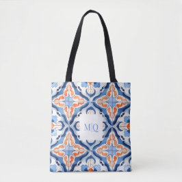 Bolsa Tote Azulejo Floral Azul E Vermelho