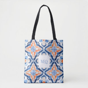 Bolsa Tote Azulejo Floral Azul e Vermelho