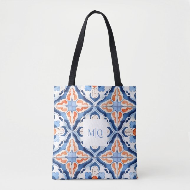Bolsa Tote Azulejo Floral Azul E Vermelho (Frente)