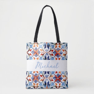 Bolsa Tote Azulejo Floral Espanhol Azul e Vermelho