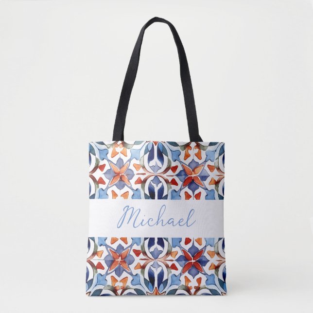 Bolsa Tote Azulejo Floral Espanhol Azul E Vermelho (Frente)