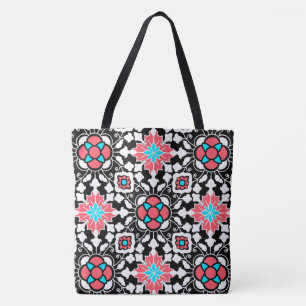 Bolsa Tote Azulejo floral marroquino, preto, branco e cor-de-