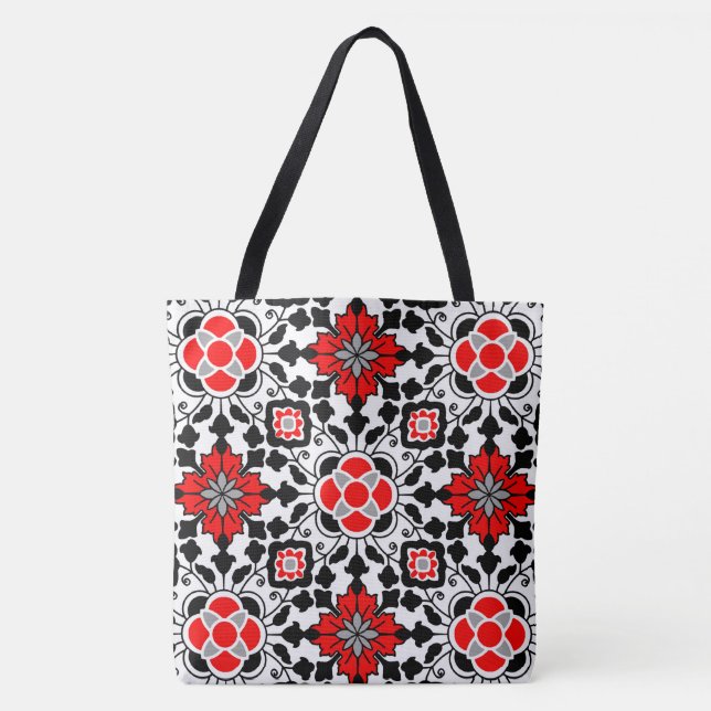 Bolsa Tote Azulejo floral marroquino, vermelho profundo, pret (Frente)
