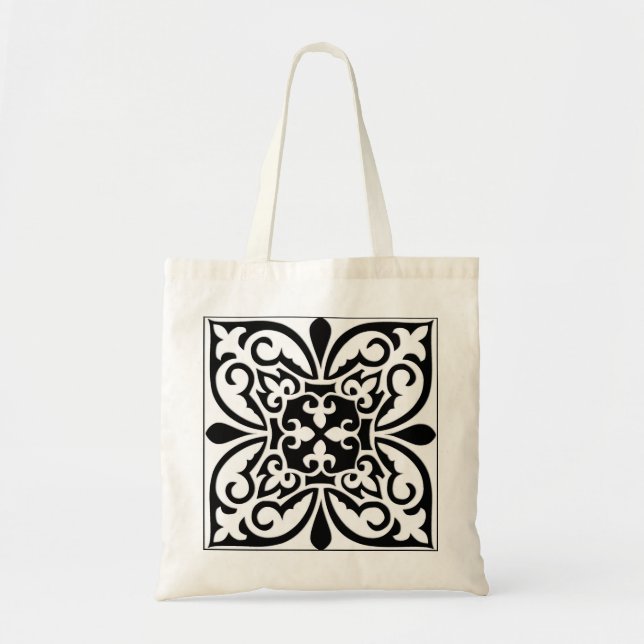 Bolsa Tote Azulejo marroquino - branco com fundo preto (Frente)
