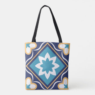 Bolsa Tote Azulejo Mosaico Floral marroquino Elegante e Azul