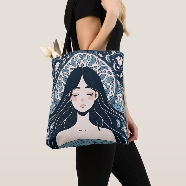 Bolsa Tote Azulejo otomano - Aura Floral Azul Serene (Close Up)