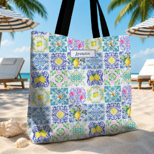 Bolsa Tote Azulejo siciliano chique azulejos mediterrâneos Am