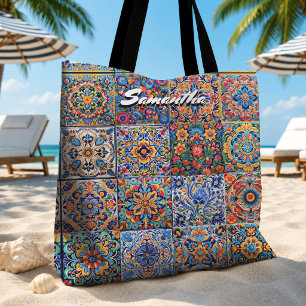 Bolsa Tote Azulejo Talavera Mexicano Amarelo Vermelho Monogra