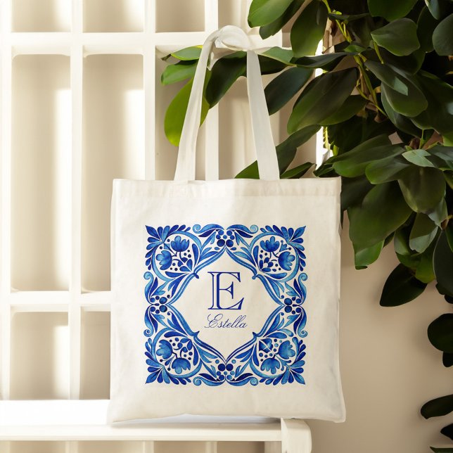 Bolsa Tote Azulejo Talavera vintage azul monogramado (Vintage Talavera Azulejo blue tile monogram Tote Bag bridesmaids gifts for her bridal party favors)