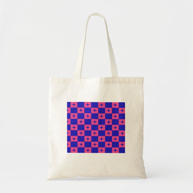 Bolsa Tote Azulejo Xadrez Azul e Rosa com Padrão de Brilhos (Frente)