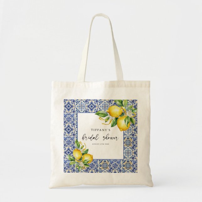 Bolsa Tote Azulejos Azuis Mediterrâneos Chuveiro de Noiva de  (Frente)