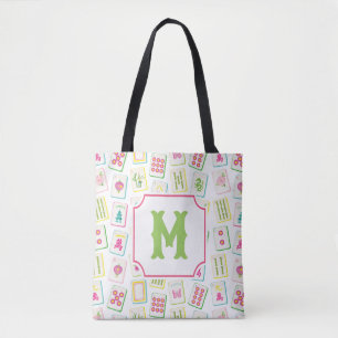 Bolsa Tote Azulejos de Mahjong Brilhantes em Aquarela Monogra