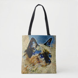 Bolsa Tote Azulejos de mosaico de gato com olhos azuis