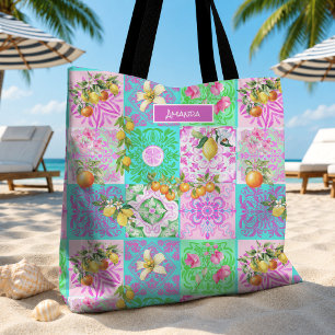 Bolsa Tote Azulejos florais em colagem de citrinos sicilianos