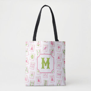 Bolsa Tote Azulejos Mahjong com Laço Rosa e Verde em Aquarela