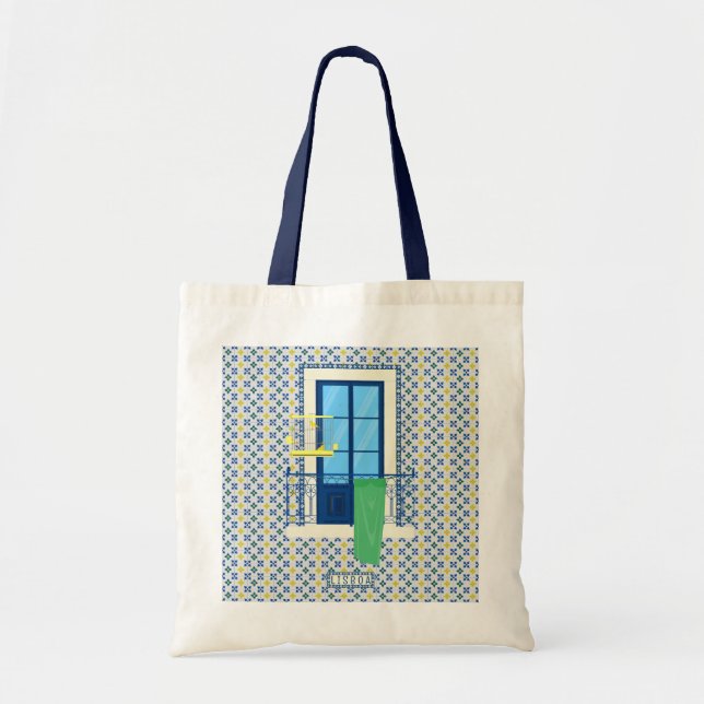 Bolsa Tote Azulejos portugueses e varanda de janela com aves (Frente)