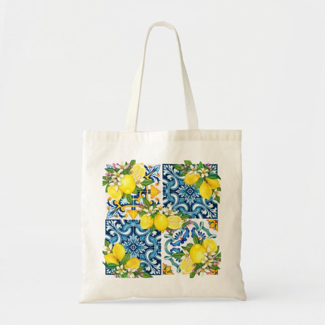 Bolsa Tote Azulejos Sicilianos do Mediterrâneo, limões de cit (Frente)