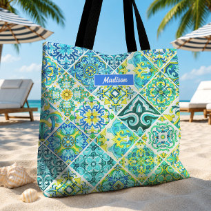 Bolsa Tote azulejos sicilianos mediterrâneos aqua mint mexica