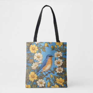 Bolsa Tote Azulinho-do-Leste Alegre Flores Amarelas e Brancas