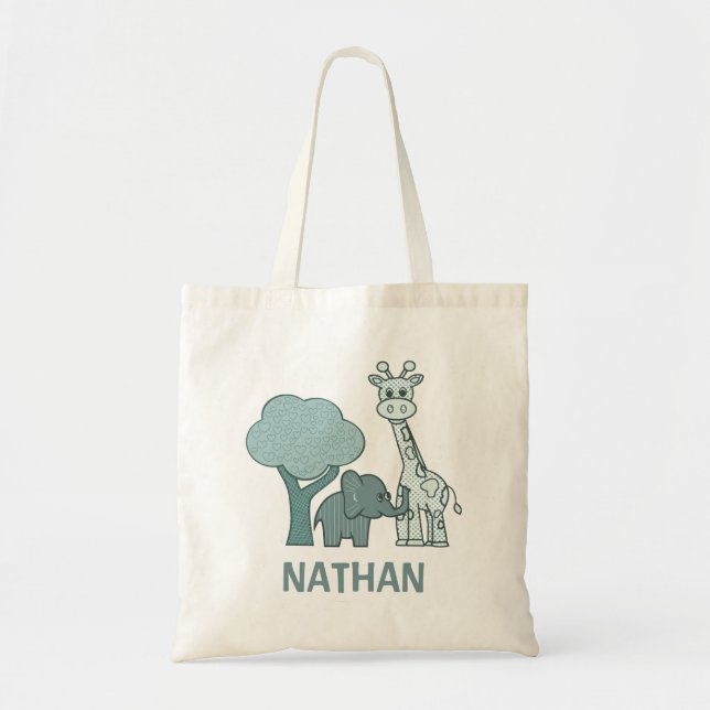 Bolsa Tote Baby Boy Elephant and Giraffe Personalizado (Frente)