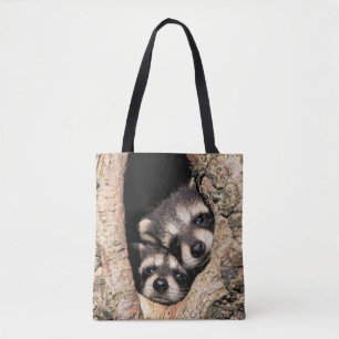 Bolsa Tote Baby Raccoons saindo da árvore