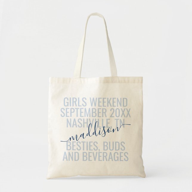 Bolsa Tote Bachelorette de Fim de Semana Azul Personalizado (Frente)