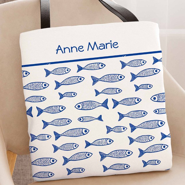 Bolsa Tote Bachelorette de Noiva Azul e Branca de Peixes Cost (Coastal Blue Fish Tote Bag)