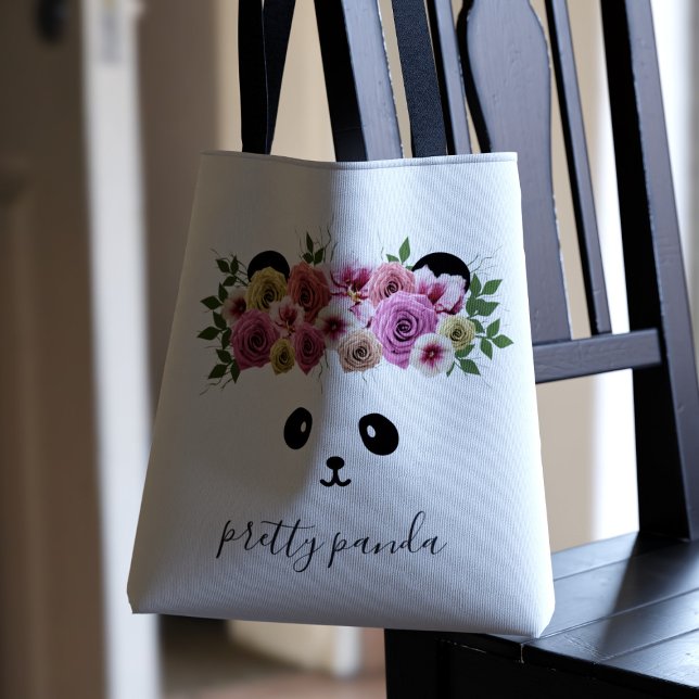 Bolsa Tote Bag Branca de Urso Panda Branca Personalizada (A pretty panda bear with flowers in her hair. Just add your name)