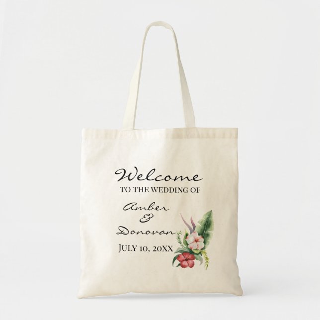Bolsa Tote Bag de Boas-vindas do Casamento Tropical de Hibisc (Frente)