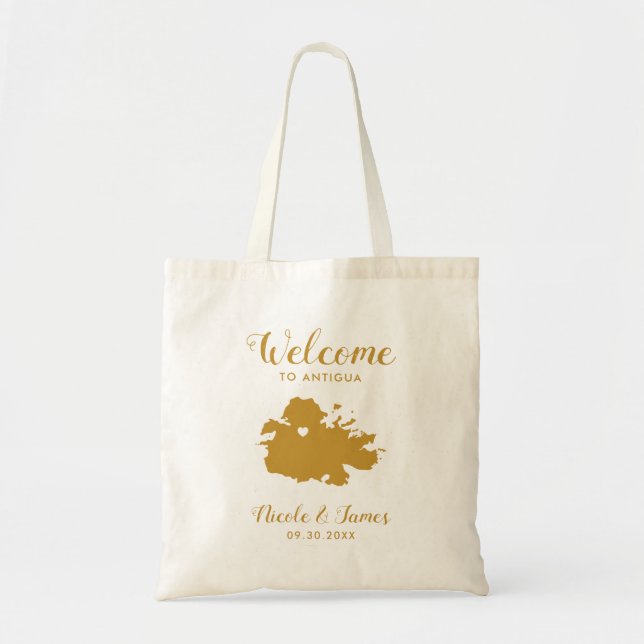 Bolsa Tote Bag de Boas-vindas do Mapa de Antígua, Dourado (Frente)
