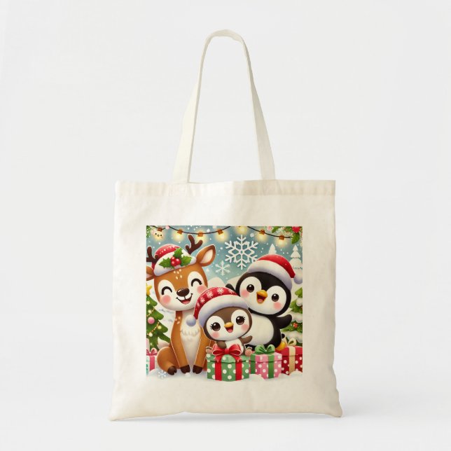 Bolsa Tote Bag de Design de Animais de Natal Bonitos (Frente)
