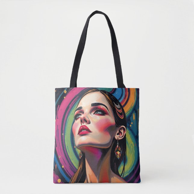 Bolsa Tote Bag de Retrato de Mulher Psicodélica Vibrante (Frente)